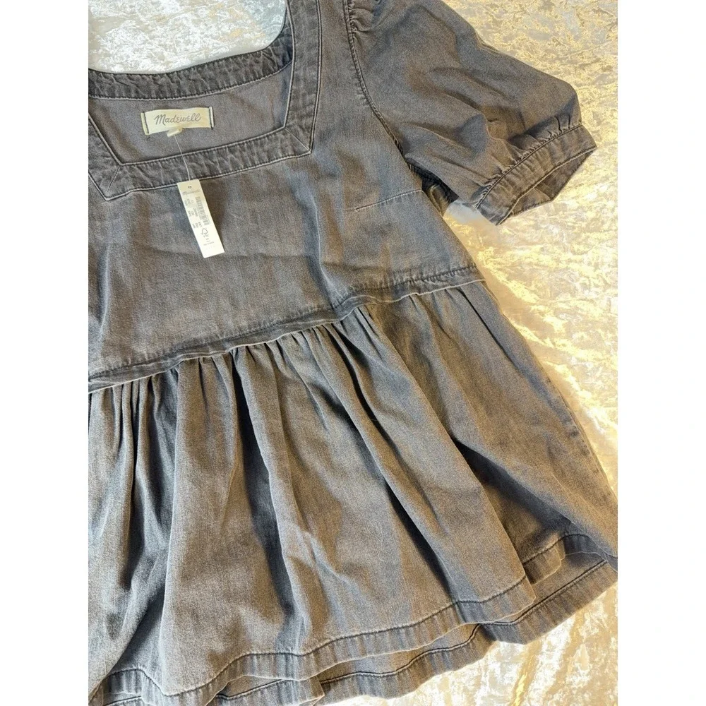 Madewell Chambray Peplum Top XS Puff Sleeve Square Neck Babydoll Cottagecore